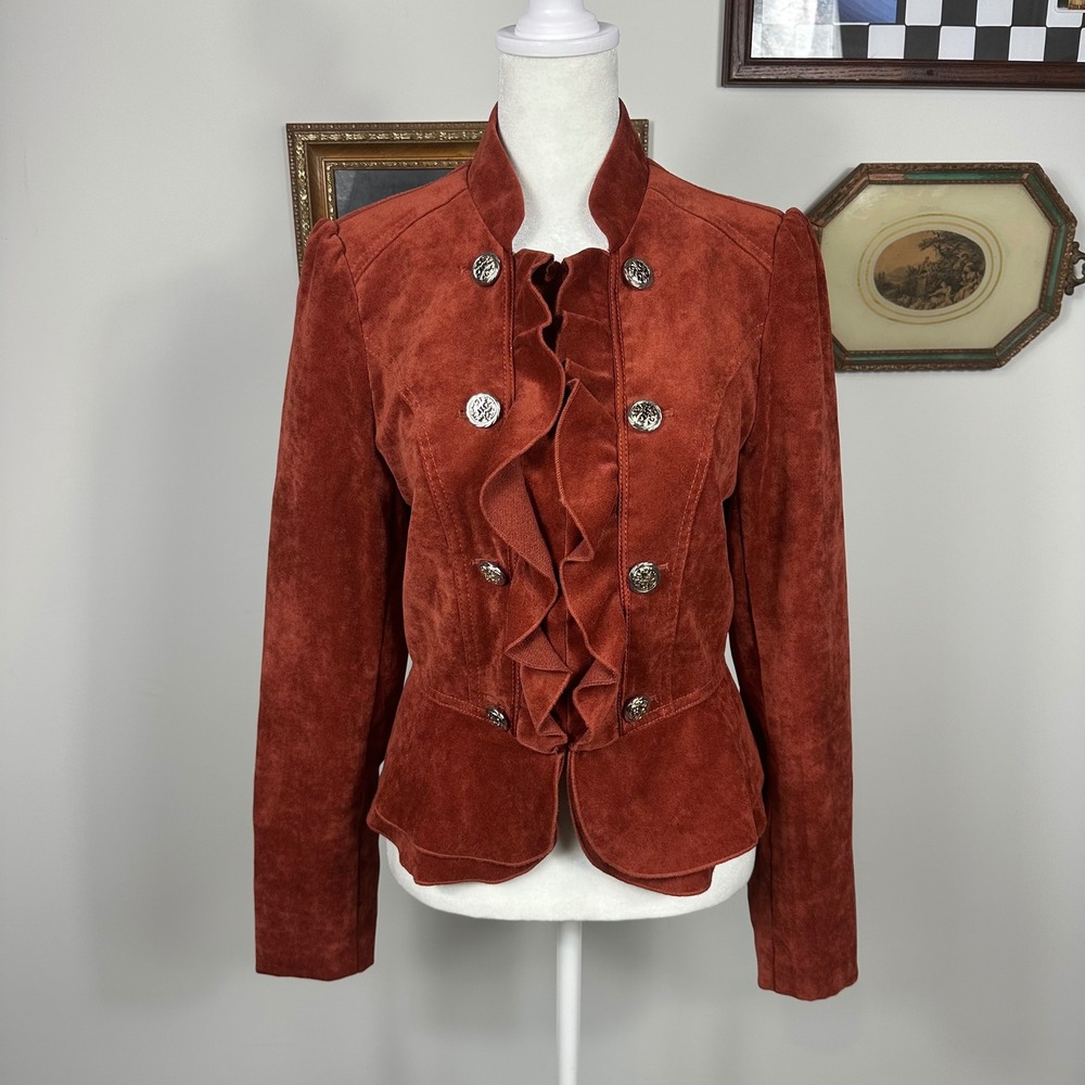 Cass Rust Military Style Jacket - SIZE S Ruffle Velvet Gold Buttons Lightweight - Picture 2 of 7